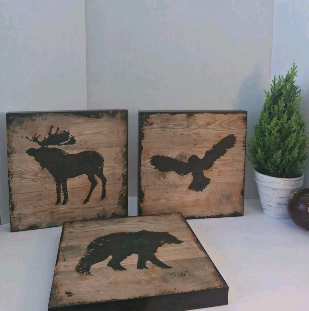 New(OOB)Set of 3 IKEA BJÖRNAMO Wildlife Silhouette Wood Wall Art; OWL,MOOSE,BEAR